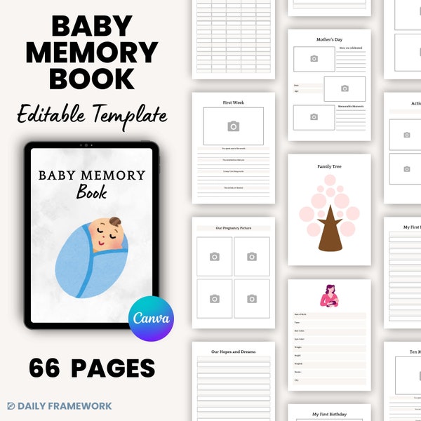 Baby Memory Book, Pregnancy Journal, Printable Growth Chart, Birth Plan Template, Newborn Baby Photo Album, Baby Monthly Milestone, Canva