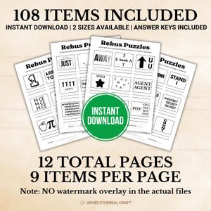 K&ouml;nnte beinhalten: Mehrere Rebus-R&auml;tsel zum Ausdrucken auf wei&szlig;em Papier. Die R&auml;tsel zeigen Wort- und Bildkombinationen. Der Text "108 ITEMS INCLUDED" und "INSTANT DOWNLOAD" ist ebenfalls im Bild enthalten.