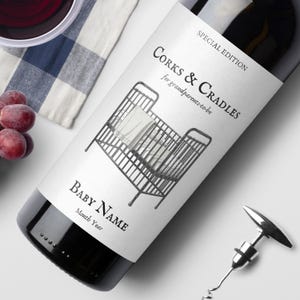 Custom Wine Labels Pregnancy Announcement To Husband Grandparents, Wine Bottle Label, Baby Announcement, Champagne Labels, Canva Template