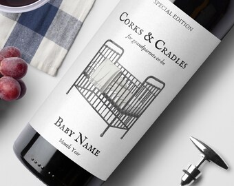 Custom Wine Labels Pregnancy Announcement To Husband Grandparents, Wine Bottle Label, Baby Announcement, Champagne Labels, Canva Template