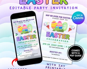 Plantilla de Canva para invitación digital editable de búsqueda de huevos de Pascua, plantilla de video de invitación para brunch de Pascua primaveral, invitación imprimible