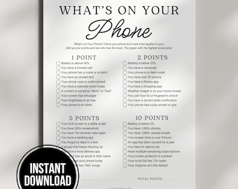 What’s On Your Phone Game, Printable Cell Phone Game, Family Reunion Games, Birthday Party Ice Breaker Games, Office Team Building Games
