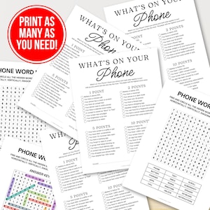 An Etsy image listing photo featuring What’s On Your Phone Game, Printable Cell Phone Game, Family Reunion Games, Birthday Party Ice Breaker Games, Office Team Building Games for a digital product for sale by Arvee Ethereal Craft.