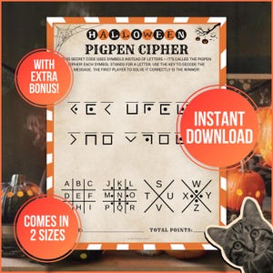 May include: Halloween Pigpen Cipher printable game with extra bonus and instant download. The secret code uses symbols instead of letters. Comes in 2 sizes. Includes a key to decode the message. The first player to solve it correctly is the winner!