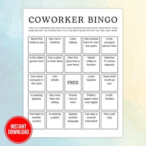Coworker Bingo, Office Bingo, Find Someone Who Mingle Human Meeting Employee Bingo, Printable Office Party Team Building Ice Breaker Games