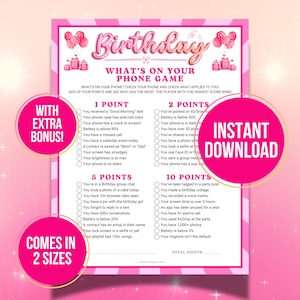 What’s On Your Phone Game, Printable Cell Phone Game, Kids Teens What&#39;s In Your Phone, Ice Breaker Games, Pink Birthday Party Games for Her