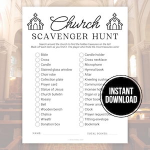 Church Scavenger Hunt, Bible Scavenger Hunt, Church Treasure Hunt, Indoor Scavenger Hunt Clues Printable Bible Games for Christian Kids Teen