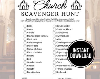 Church Scavenger Hunt, Bible Scavenger Hunt, Church Treasure Hunt, Indoor Scavenger Hunt Clues Printable Bible Games for Christian Kids Teen