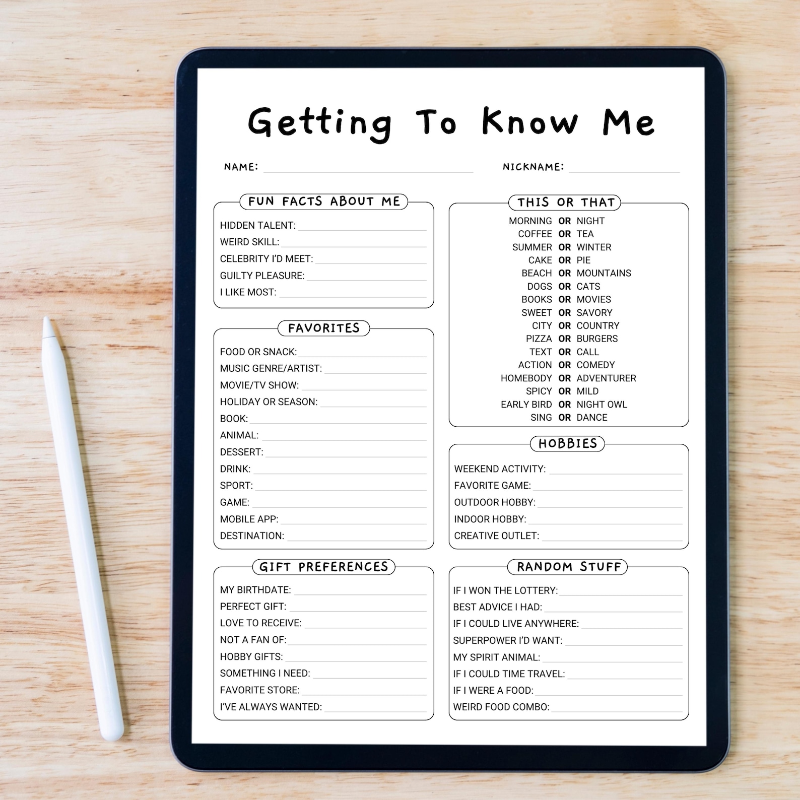 Team Building Get to Know Me Questionnaire Printable My Favorite Things ...