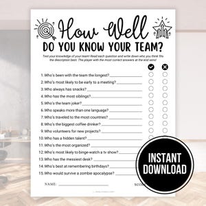 Office Team Building Games, Printable How Well Do You Know Your Team, Staff Meeting Trivia, Coworker Activity Ice Breaker Office Party Games