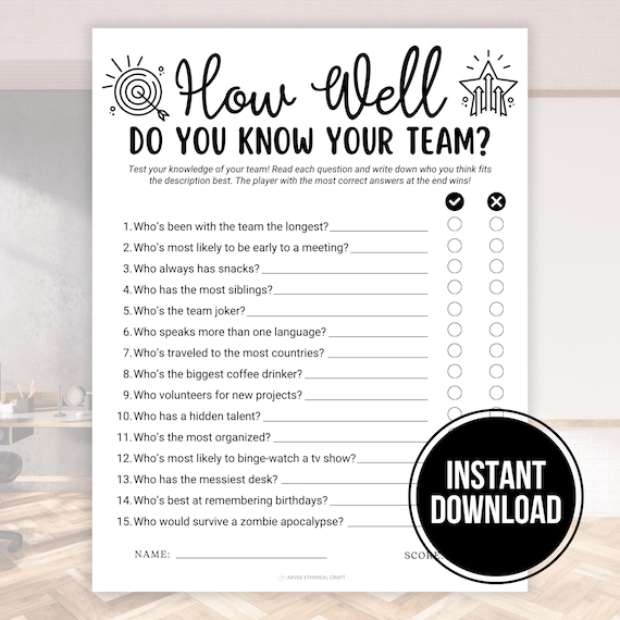 Office Team Building Games, Printable How Well Do You Know Your Team, Staff Meeting Trivia, Coworker Activity Ice Breaker Office Party Games