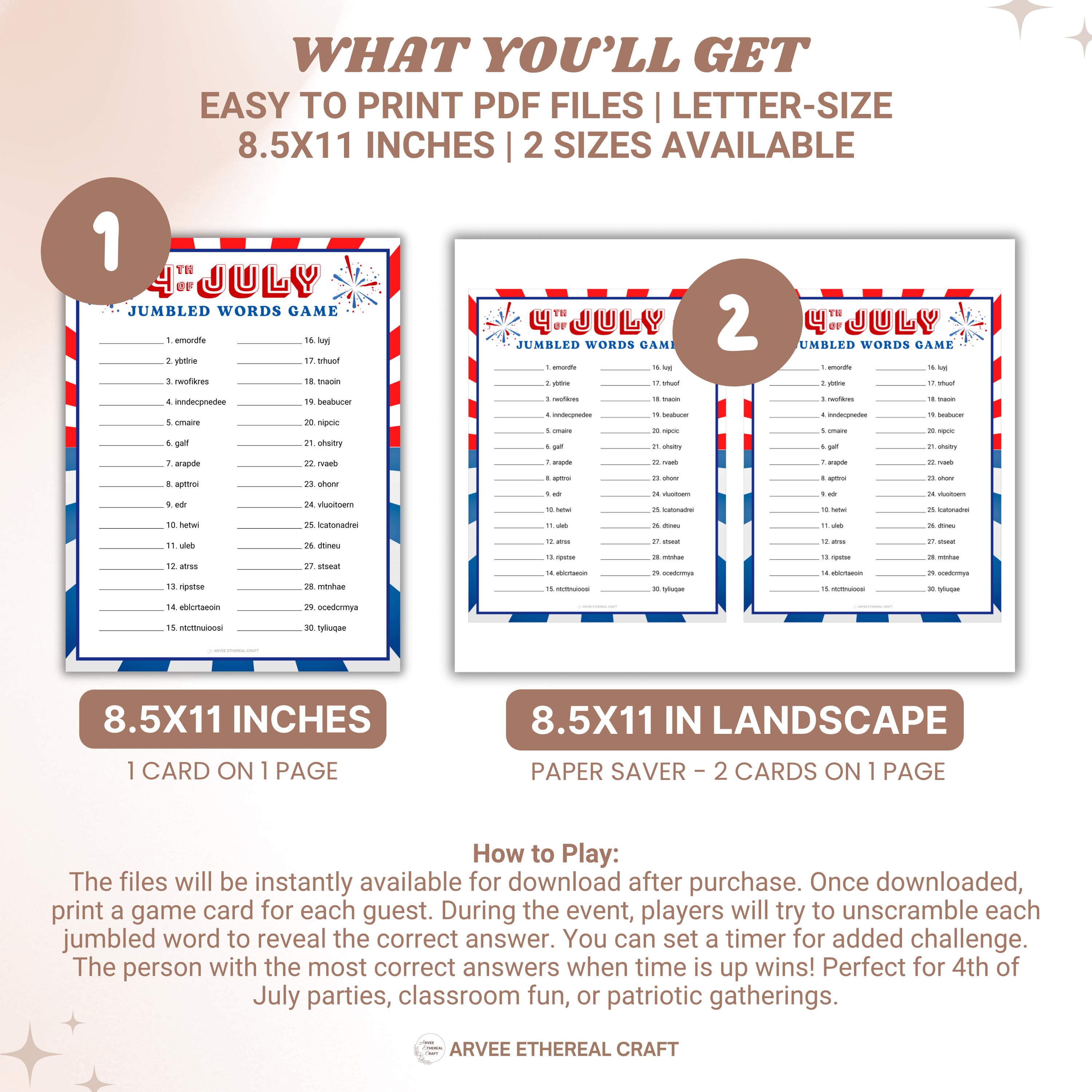 4th of July Scrambled Words Game, Printable Jumbled Words Game, Word ...