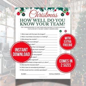 Può includere: Un foglio di gioco natalizio stampabile con il titolo "How Well Do You Know Your Team?" in corsivo rosso. Il foglio include domande a completamento e cerchi per le risposte. Cerchi rossi con testo dicono "Download istantaneo", "Con extra omaggio" e "Disponibile in 2 taglie".