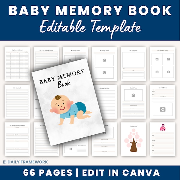 Baby Memory Book, Pregnancy Journal, Printable Growth Chart, Birth Plan Template, Newborn Baby Photo Album, Baby Monthly Milestone, Canva