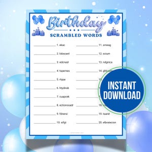Birthday Scrambled Words Game, Printable Jumbled Words Game, Kids Word Scramble Game, Unscramble Words, Blue Birthday Party Games for Him