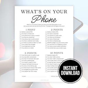 What’s On Your Phone Game, Printable Cell Phone Game, Family Reunion Games, Birthday Party Ice Breaker Games, Office Team Building Games