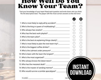How Well Do You Know Your Team, Printable Office Team Building Games, Staff Meeting Trivia, Coworker Activity Ice Breaker Office Party Games