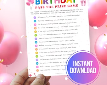 Birthday Pass the Prize Games, Printable Kids Girl Birthday Party Games, Pass the Parcel, Pass The Gift Present Gift Exchange Passing Game