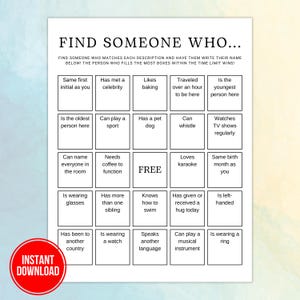 Minglebingo, menselijke bingo, zoek iemand die bingo, vind de gast Bingokaartspel, afdrukbaar Teambuilding Familiereünie IJsbrekerspellen