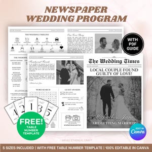 May include: A newspaper-style wedding program with the headline "Newspaper Wedding Program." The design includes wedding timeline icons, couple photos, and text. The program also features table number templates and the text "Michael & Jane are getting married."