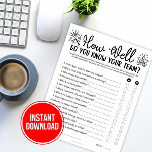 An Etsy image listing photo featuring Office Team Building Games, Printable How Well Do You Know Your Team, Staff Meeting Trivia, Coworker Activity Ice Breaker Office Party Games for a digital product for sale by Arvee Ethereal Craft.