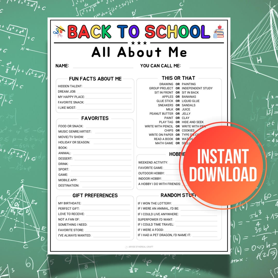 Back to School All About Me, Printable Favorite Things List, This or ...