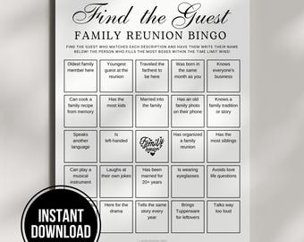Family Reunion Find the Guest Bingo, Printable Find Someone Who Bingo, Family Reunion Games, Mingle Human Bingo, Party Ice Breaker Games