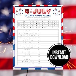 Può includere: Un gioco stampabile del 4 luglio con codice Morse con un bordo rosso, bianco e blu. Il gioco include una tabella del codice Morse e spazi per decodificare le parole. Le parole "4th of July" e "Morse Code Game" sono in alto. Un cerchio nero dice "Download istantaneo".