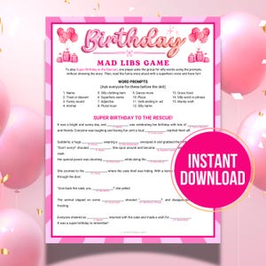 Birthday Mad Libs Game, Printable Ad Libs Funny Story Time, Fill in the Blank Games, Ice Breaker, Pink Girl Birthday Party Games for Her