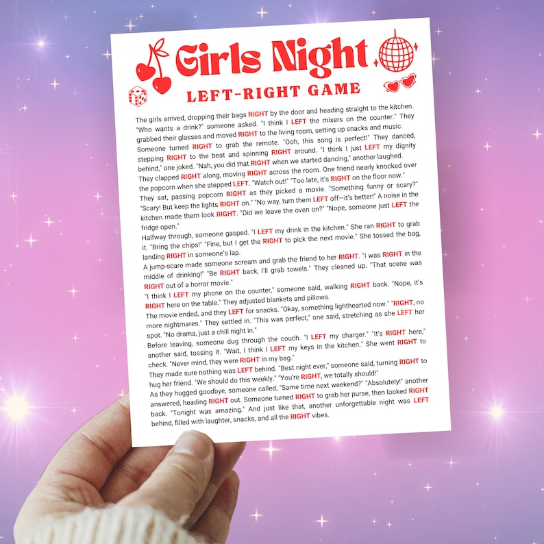 An Etsy image listing photo featuring Left Right Game, Pass The Prize Gift Present Game, Printable Friendsgiving Galentines Ladies Night Sleepover Slumber Party Girls Night Games for a digital product for sale by Arvee Ethereal Craft.