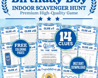 Birthday Scavenger Hunt Boys Older Kids Indoor Treasure Hunt Clues Teens, Printable Indoor Scavenger Hunting Party Escape Room Games for Him