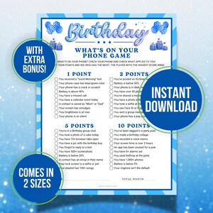 What’s On Your Phone Game, Birthday Printable Cell Phone Game, What&#39;s In Your Phone Ice Breaker Games, Blue Boy Birthday Party Games for Him