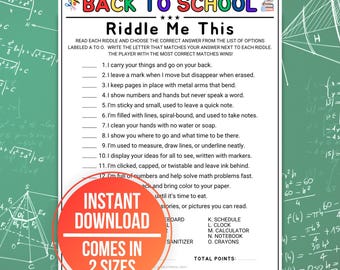 May include: A printable "Back to School" riddle game with a list of riddles and answer choices. The image features a red and orange circular graphic that says "Instant Download Comes in 2 Sizes". The background has mathematical equations.