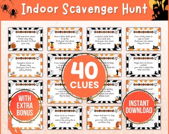 May include: Halloween-themed indoor scavenger hunt game with 40 clues. The game includes an answer key, game instructions, and freebies. The design features orange and black colors, spiderwebs, and Halloween-related graphics.