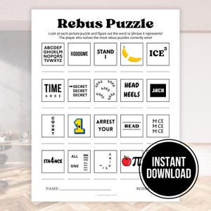 May include: A printable Rebus Puzzle game sheet in black and white. The sheet features picture puzzles with text clues, including "STAND 1" and "ICE 3". The sheet also includes the text "INSTANT DOWNLOAD".