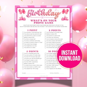 Birthday What’s On Your Phone Game, Printable Cell Phone Game, What&#39;s In Your Phone, Ice Breaker Games, Pink Birthday Party Games for Her