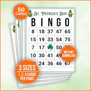 May include: A stack of St. Patrick's Day Bingo cards with a green border. The bingo card has numbers and the word "BINGO" at the top. The image includes text that says "50 cards", "3 sizes", and "Instant Download".