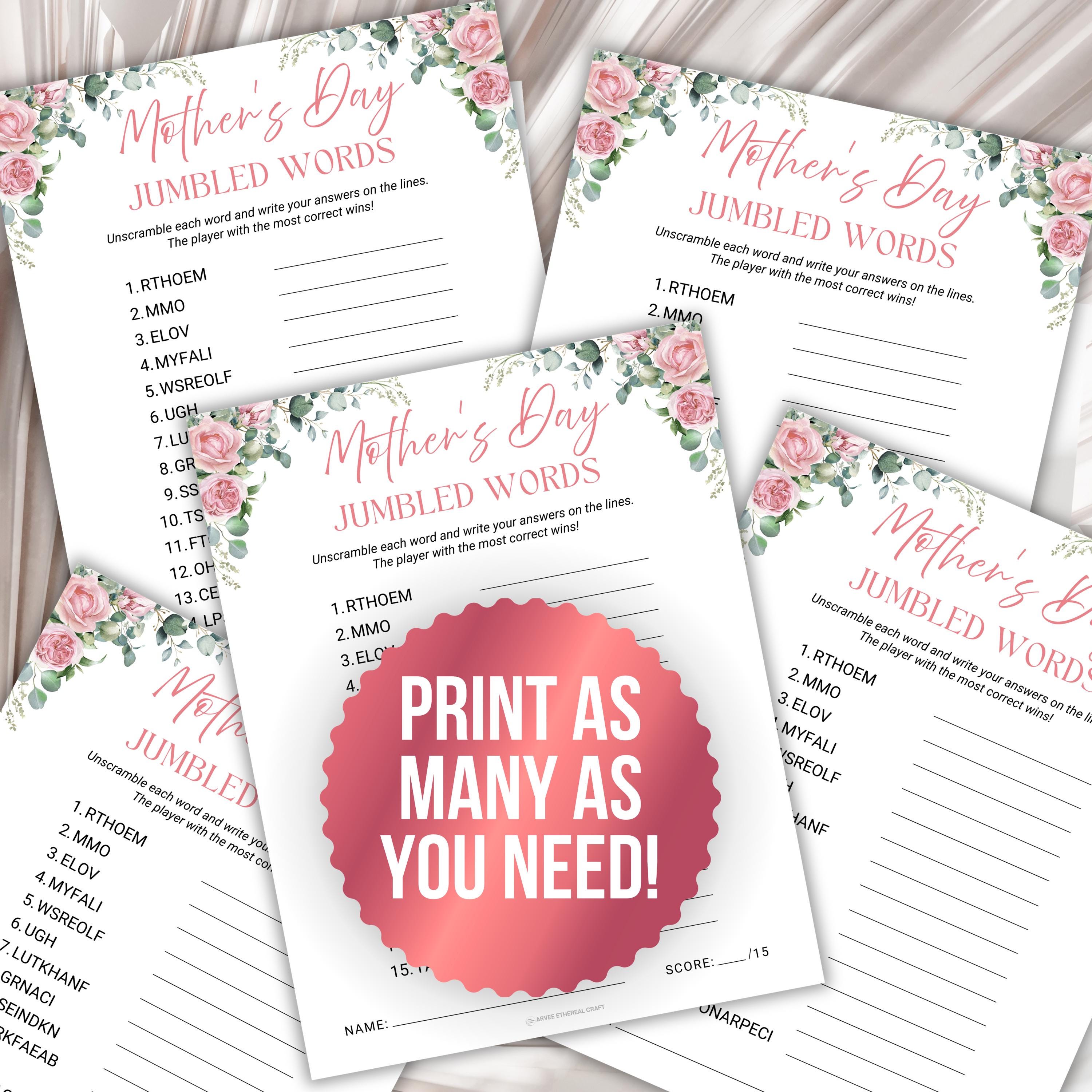 Printable Jumbled Words Game, Word Scramble Game, Mothers Day Scrambled ...