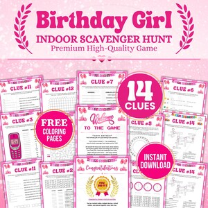 以下が含まれることがあります： 誕生日ガール向けの印刷可能な屋内スカベンジャーハントゲーム。14個のヒント、塗り絵ページ、インスタントダウンロードのテキストが含まれています。ピンクと白のシートには、Birthday Girl Indoor Scavenger Huntというタイトルのパズルやクロスワードが記載されています。