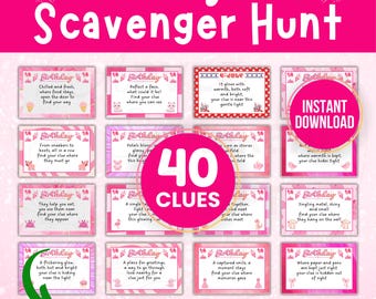 Indoor Scavenger Hunt, Printable Indoor Treasure Hunt Clues for Kids Teens, Riddle Clues Cards Puzzle Pink Birthday Girl Party Games for Her