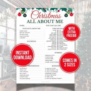 May include: A printable Christmas "All About Me" questionnaire with festive decorations. The design features a green and white color scheme with red accents, including ornaments and text that reads "Instant Download" and "Comes in 2 Sizes".