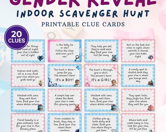 May include: Twenty gender reveal clue cards with blue and pink checkered backgrounds. Each card has a different clue written in black text with a small illustration. The clues are for an indoor scavenger hunt.
