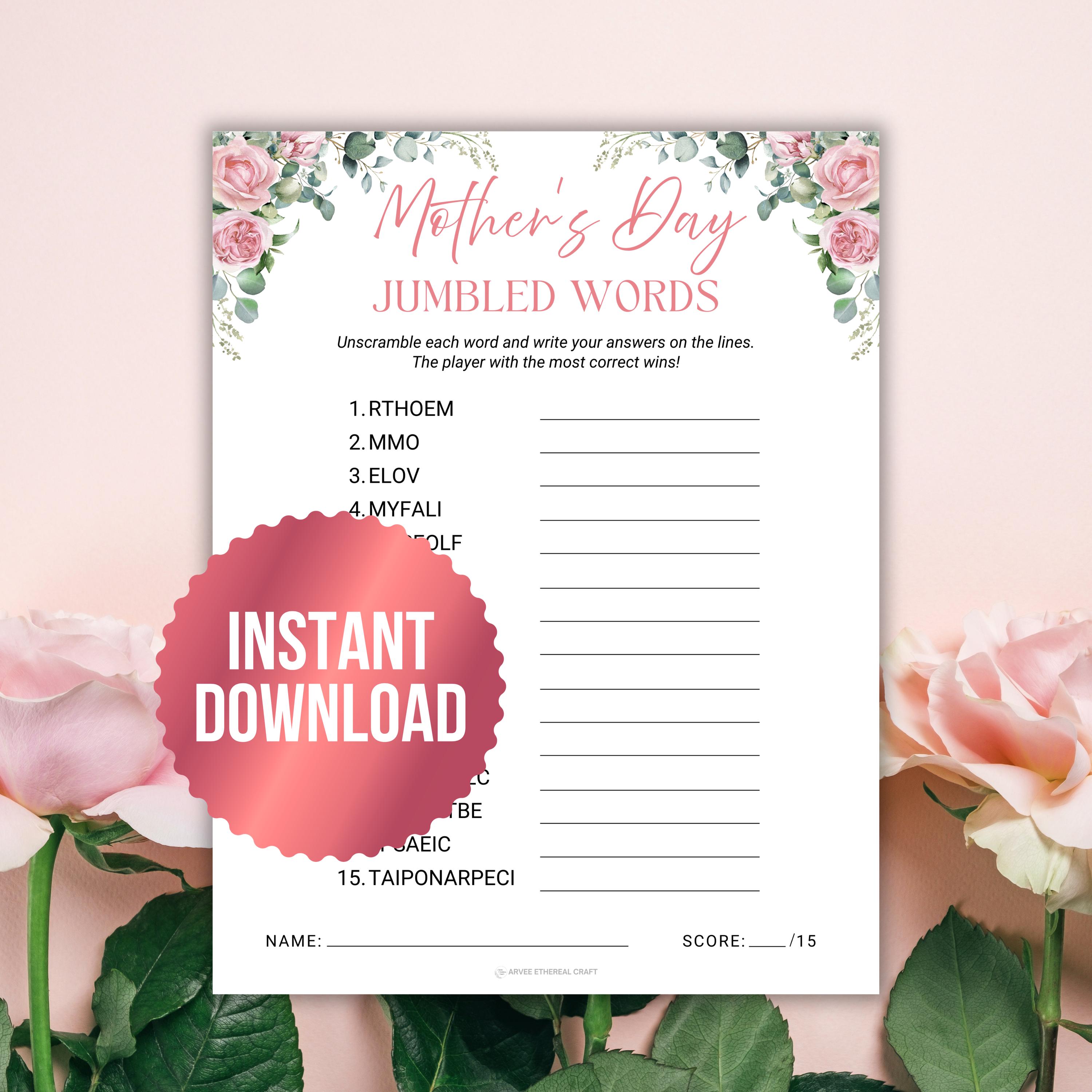 Printable Jumbled Words Game, Word Scramble Game, Mothers Day Scrambled ...