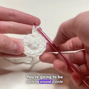 Può includere: Primo piano di una persona che all'uncinetto un cerchio bianco con un uncinetto rosa. Il testo "You're going to be working around a circle" è visibile sotto l'immagine.
