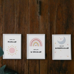 Set van 3 a4 - Digitale kinderkamer Islamitische Wall Art Print, Bismillah, InShaAllah, Alhamdulillah