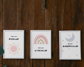 Set of 3 a4 - Digital Children’s Bedroom Islamic Wall Art Print, Bismillah, InShaAllah, Alhamdulillah