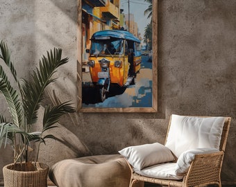May include: A framed painting of a yellow and blue auto rickshaw driving down a street in a city. The rickshaw is in focus and the background is blurred. The painting is in a wooden frame.