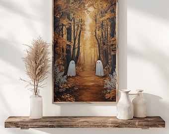 Lindo fantasma en otoño melancólico, cuadro vintage, decoración otoñal de granja, edición especial de Halloween, decoración otoñal espeluznante para Halloween