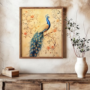 Peacock Mughal Indian Art | Animal Nature Print | Living Room Decor | Indian Vintage Royal Painting | Flowers and Peacock Poster | Wall Art