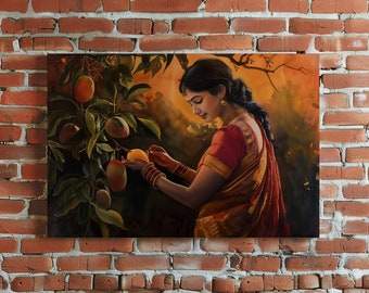 Può includere: Una donna con un sari rosso e oro è in piedi davanti a un albero di mango. Tiene un mango in mano e lo guarda. Lo sfondo è un tramonto.